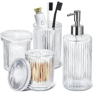 Clear Glass Bathroom Accessories Set Soap Dispenser Toothbrush Holder Qtip